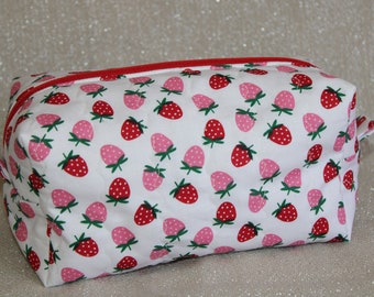 Strawberry handmade light weight quilted boxy zipper pouch, cottagecore, strawberries