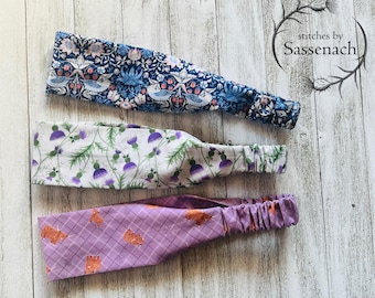 Handmade cotton headband 2.5” wide thistles, highland cow, strawberry thief will fit 22”-23” adult teen