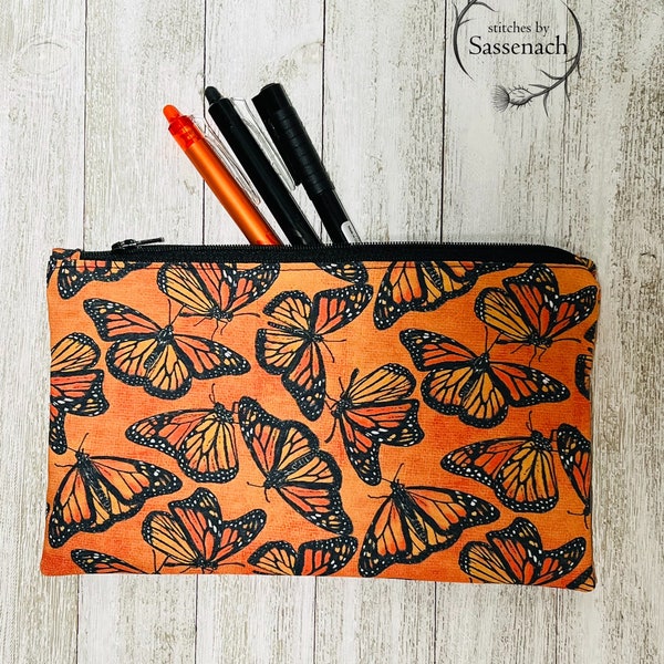 Monarch butterfly handmade pouch bag, pencil pouch, organizer, zipper pouch, makeup bag, mariposa monarca, butterflies, project pouch