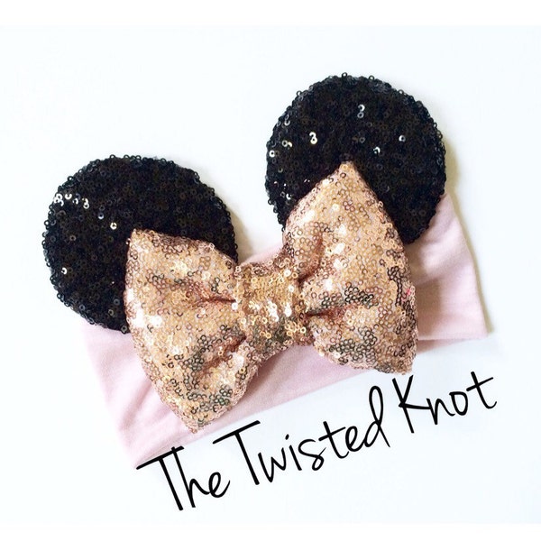 Rose Gold iSparkle MINNIE MOUSE EARS Bow on Blush Headband