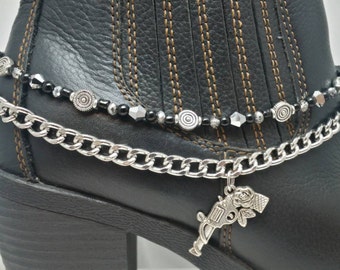 Boot Bling Anklet Bracelet Chain Gun Revolver Rose Charm Silver Black Beaded Ankle Bootie Biker Cowboy Cowgirl Western Rodeo Combat Boots