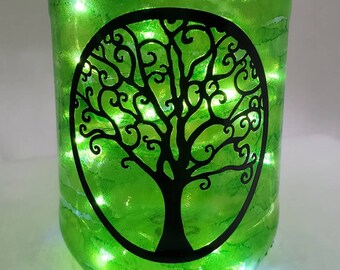 Hand Painted Green Tree of Life Mason Jar Upcycled Recycled -  Battery Operated LED Fairy Lights Watercolor Stained Glass