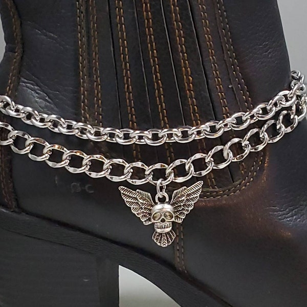 Winged Skull Double Strand Steel Chain Boot Bling Anklet Bracelet Handmade Adjustable Cowboy Cowgirl Biker Ankle Bootie Dress Boots Wings