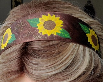 Handgeschilderde zonnebloem brede hoofdband haarband accessoire hoepel satijn plastic flexibele haarbandversiering