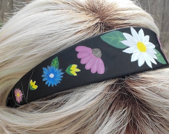 Hand Painted Wildflowers Wide Headband Hair band Accessory Hoop Satin Plastic Flexible Hairband Embellishment