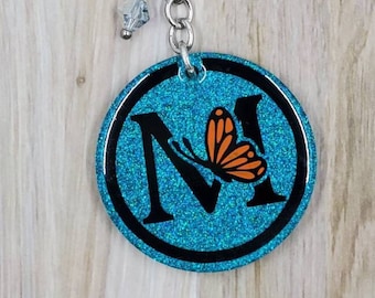 Butterfly Monogram Keychain Backpack Purse Clip 2" Round Glitter Resin Acrylic Jumbo Lobster Claw Clasp Clip Keyring Keychain Customized