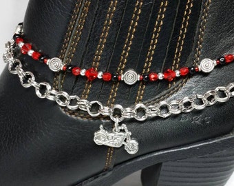 Boot Bling Anklet Jewelry Double Chain Red Black Glass Crystal Motorcycle Harley Charm Biker Chick Cowboy Punk Motorcycle Boots Ankle Bootie