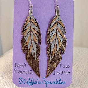 Hand painted Faux Leather Double Feather Earrings Bronze Brown Gold Glitter Stainless Steel Ear Wires Artisan Boho Hippie Vegan Southwestern image 3