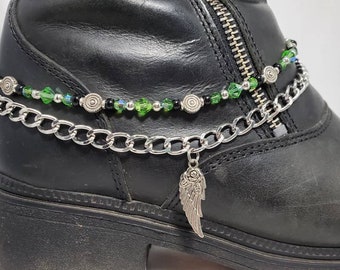 Boot Bling Anklet Bracelet Chain Rose Angel Wing Charm Green Black Silver Beaded Ankle Bootie Biker Chick Cowboy Cowgirl Western Jewelry