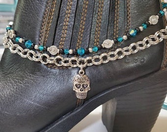 Boot Bling Anklet Double Link Chain Harley Orange Red Yellow Teal Black Sugar Skull Charm Biker Chick Punk Motorcycle Boots Ankle Bootie