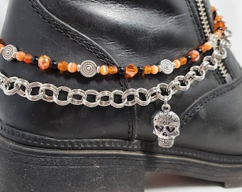 Boot Bling Enkelband Double Link Chain Harley Oranje Zwarte Sugar Schedel Charme Biker Chick Punk Motorlaarzen EnkelLaars