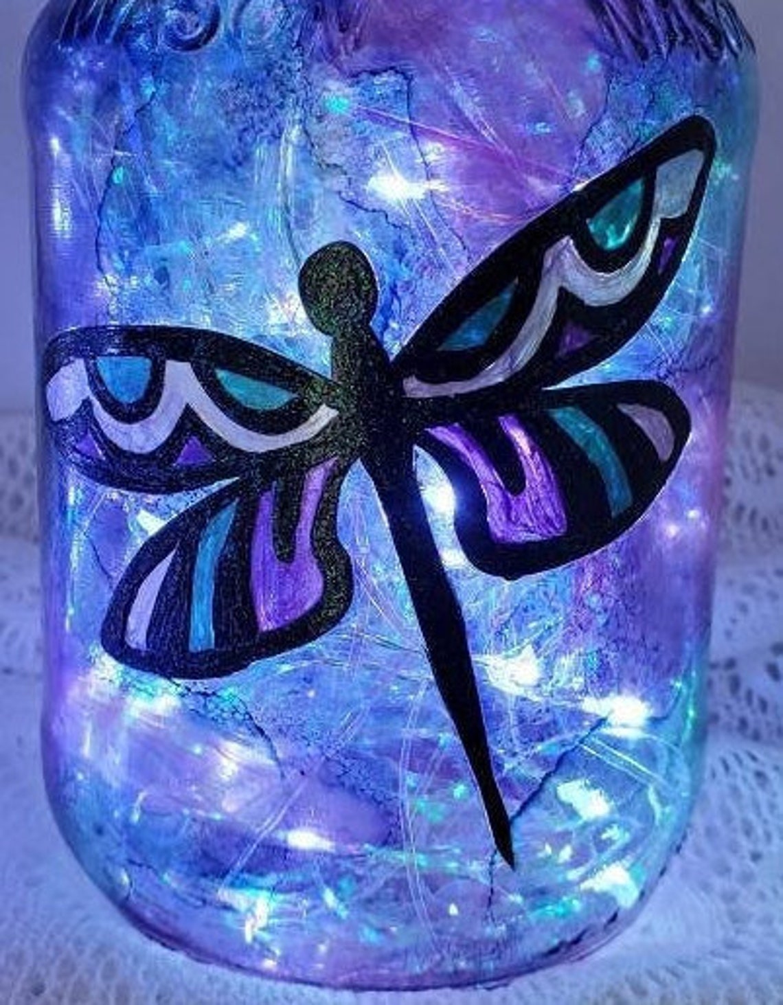 Hand Painted Dragonfly Mason Jar With LED Fairy Lights Etsy