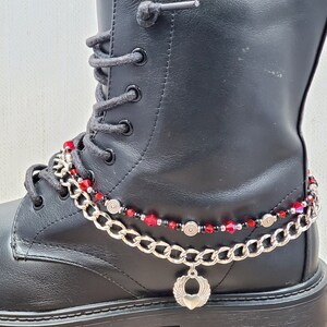 Boot Bling Bracelet Anklet Chain Black Silver Red Crystal Glass Beads Winged Heart Charm Ankle Bootie Biker Cowboy Cowgirl Western Jewelry Red/Silver/Black