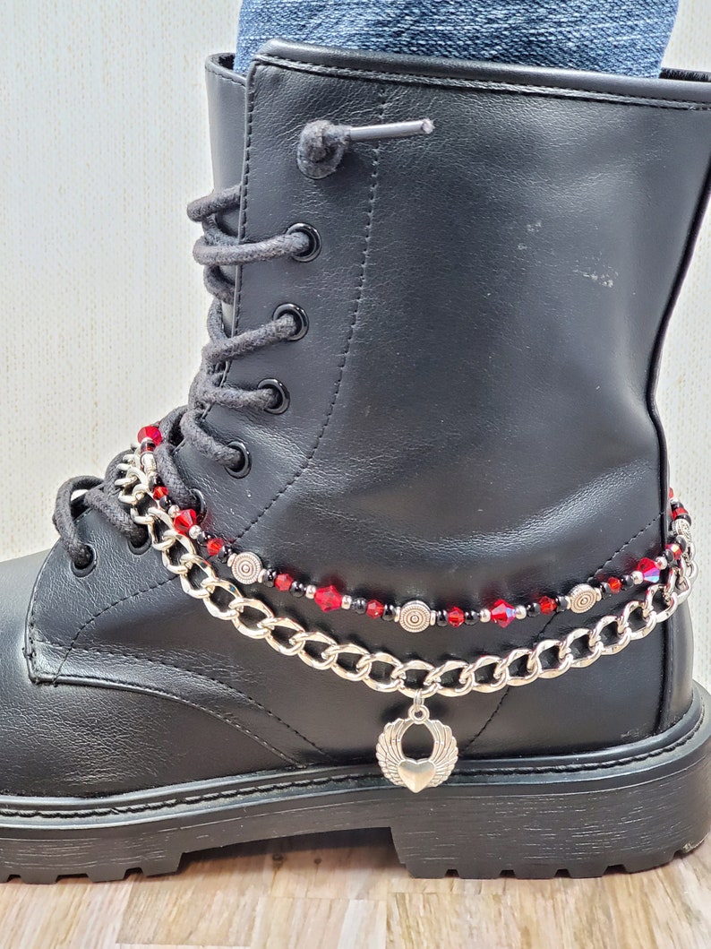 Boot Bling Bracelet Anklet Chain Black Silver Red Crystal Glass Beads Winged Heart Charm Ankle Bootie Biker Cowboy Cowgirl Western Jewelry Red/Silver/Black
