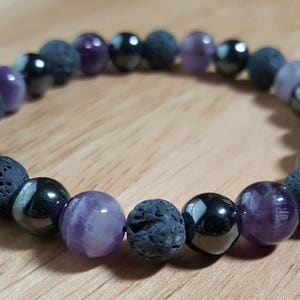 Aromatherapy Diffuser Essential Oil Bracelet Natural Lava Rock Amethyst Hematite Gemstone Beads Purple Gray Handmade Jewelry Mala image 1