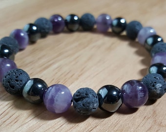 Aromatherapy Diffuser Essential Oil Bracelet Natural Lava Rock Amethyst Hematite Gemstone Beads Purple Gray Handmade Jewelry Mala