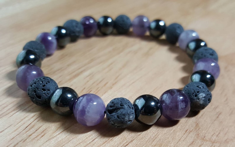 Aromatherapy Diffuser Essential Oil Bracelet Natural Lava Rock Amethyst Hematite Gemstone Beads Purple Gray Handmade Jewelry Mala image 1