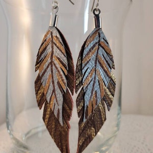 Hand painted Faux Leather Double Feather Earrings Bronze Brown Gold Glitter Stainless Steel Ear Wires Artisan Boho Hippie Vegan Southwestern image 1