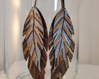 Hand painted Faux Leather Double Feather Earrings Bronze Brown Gold Glitter Stainless Steel Ear Wires Artisan Boho Hippie Vegan Southwestern
