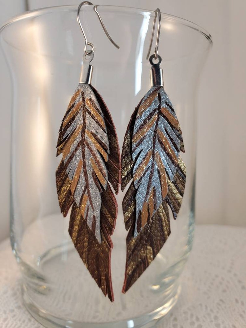 Hand painted Faux Leather Double Feather Earrings Bronze Brown Gold Glitter Stainless Steel Ear Wires Artisan Boho Hippie Vegan Southwestern image 1