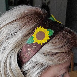 Hand Painted Sunflower Wide Headband Hair band Accessory Hoop Satin Plastic Flexible Hairband Embellishment image 2