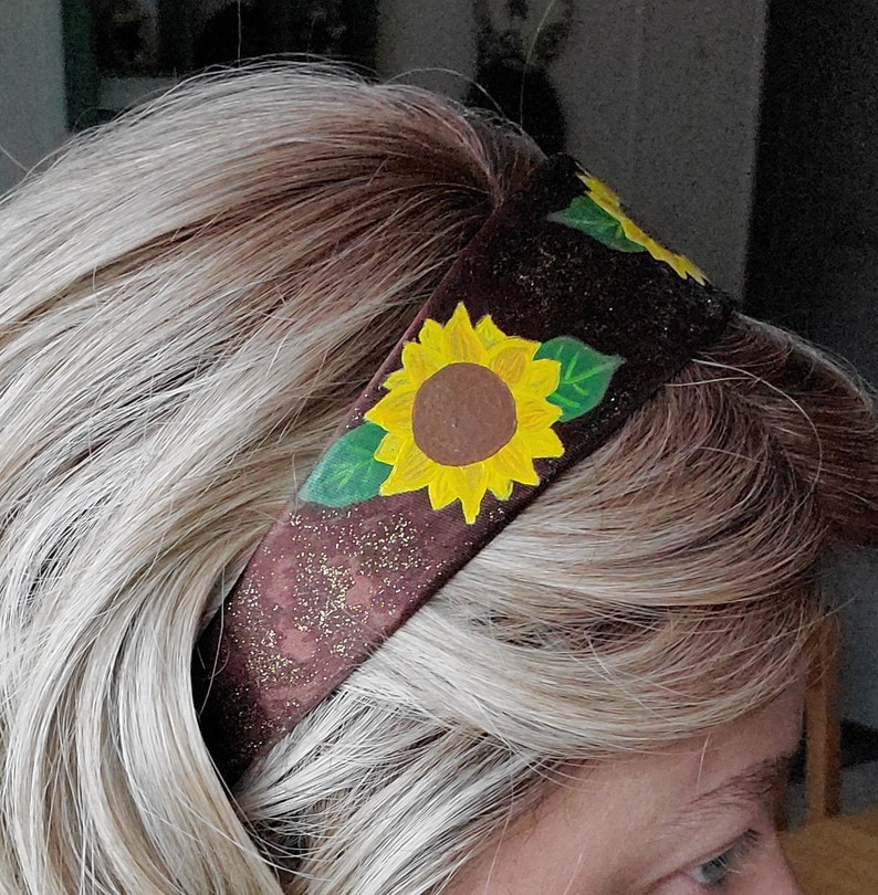 Hand Painted Sunflower Wide Headband Hair band Accessory Hoop Satin Plastic Flexible Hairband Embellishment image 2