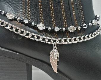 Boot Bling Enkelband Armband Ketting Angel Wing Charm Zwart Zilver Crystal Glas Kralen Enkel Bootie Biker Cowboy Cowgirl Western Sieraden