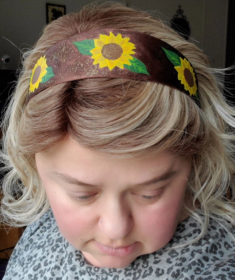 Hand Painted Sunflower Wide Headband Hair band Accessory Hoop Satin Plastic Flexible Hairband Embellishment image 1