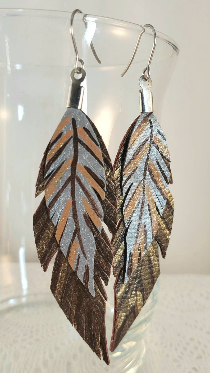 Hand painted Faux Leather Double Feather Earrings Bronze Brown Gold Glitter Stainless Steel Ear Wires Artisan Boho Hippie Vegan Southwestern image 2