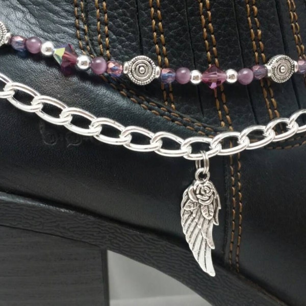 Angel Wing Rose Boot Bling Anklet Bracelet Chain Purple Lavender Amethyst Preciosa Crystals Charm Ankle Bootie Biker Cowboy Cowgirl Western