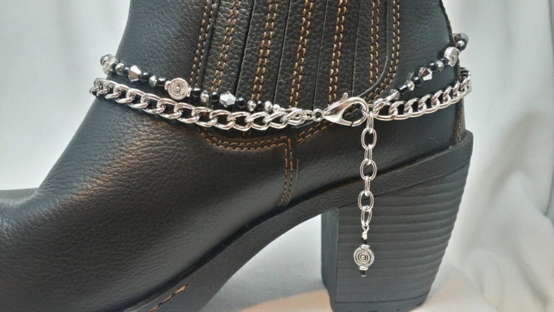 Boot Bling Bracelet Anklet Chain Black Silver Red Crystal Glass Beads Winged Heart Charm Ankle Bootie Biker Cowboy Cowgirl Western Jewelry image 4