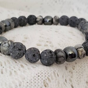 Essential Oil Diffuser Aromatherapy Bracelet Gray Lava Rock Hematite Crazy Lace Agate Gray Gemstone Beads Custom Handmade Jewelry Minimalist image 3