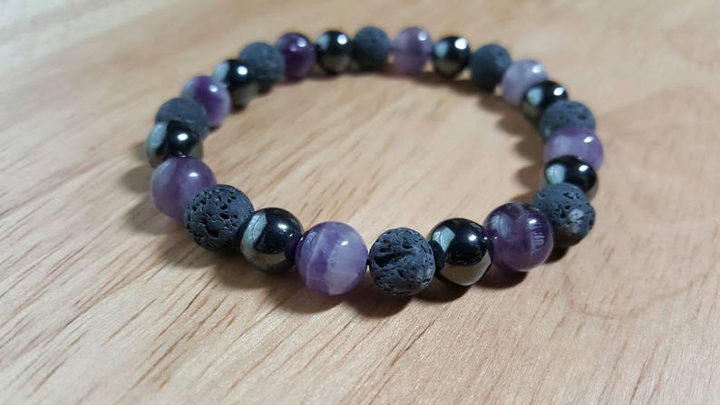 Aromatherapy Diffuser Essential Oil Bracelet Natural Lava Rock Amethyst Hematite Gemstone Beads Purple Gray Handmade Jewelry Mala image 2