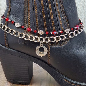 Boot Bling Bracelet Anklet Chain Black Silver Red Crystal Glass Beads Winged Heart Charm Ankle Bootie Biker Cowboy Cowgirl Western Jewelry image 1