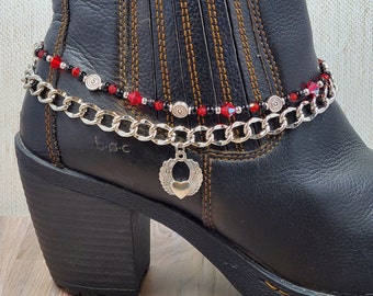 Boot Bling Bracelet Anklet Chain Black Silver Red Crystal Glass Beads Winged Heart Charm Ankle Bootie Biker Cowboy Cowgirl Western Jewelry