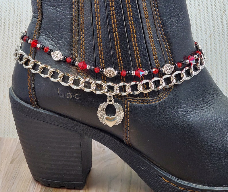 Boot Bling Bracelet Anklet Chain Black Silver Red Crystal Glass Beads Winged Heart Charm Ankle Bootie Biker Cowboy Cowgirl Western Jewelry image 1