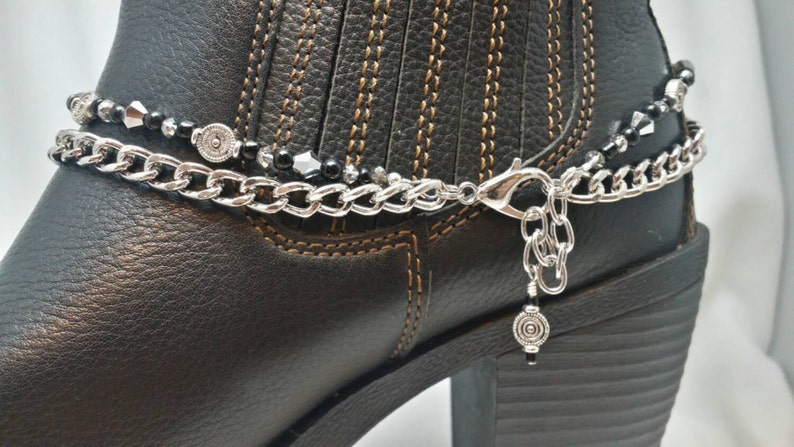 Boot Bling Bracelet Anklet Chain Black Silver Red Crystal Glass Beads Winged Heart Charm Ankle Bootie Biker Cowboy Cowgirl Western Jewelry image 5