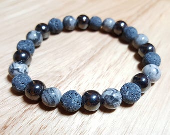 Essential Oil Diffuser Aromatherapy Bracelet Lava Rock Hematite Crazy Lace Agate Gray Silver Gemstone Beads Stretch Custom Handmade Jewelry