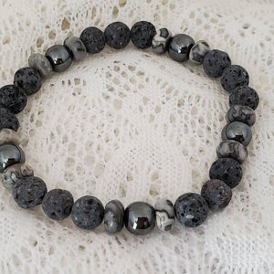 Essential Oil Diffuser Aromatherapy Bracelet Gray Lava Rock Hematite Crazy Lace Agate Gray Gemstone Beads Custom Handmade Jewelry Minimalist image 4