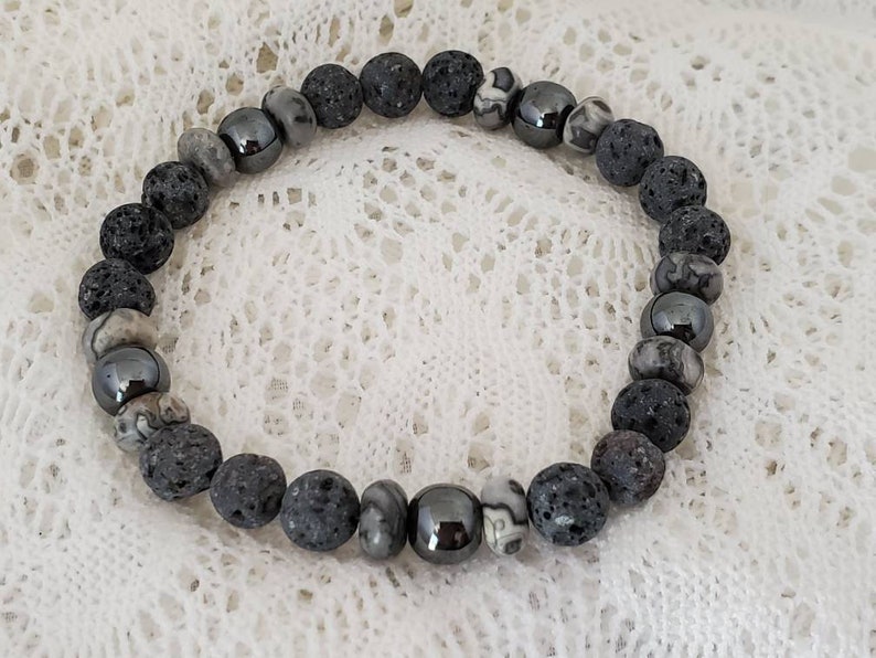 Essential Oil Diffuser Aromatherapy Bracelet Gray Lava Rock Hematite Crazy Lace Agate Gray Gemstone Beads Custom Handmade Jewelry Minimalist image 4