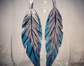 Hand painted Faux Leather Double Feather Earrings Metallic Aqua Teal Silver Black Stainless Steel Ear Wires Artisan Boho Hippie Vegan