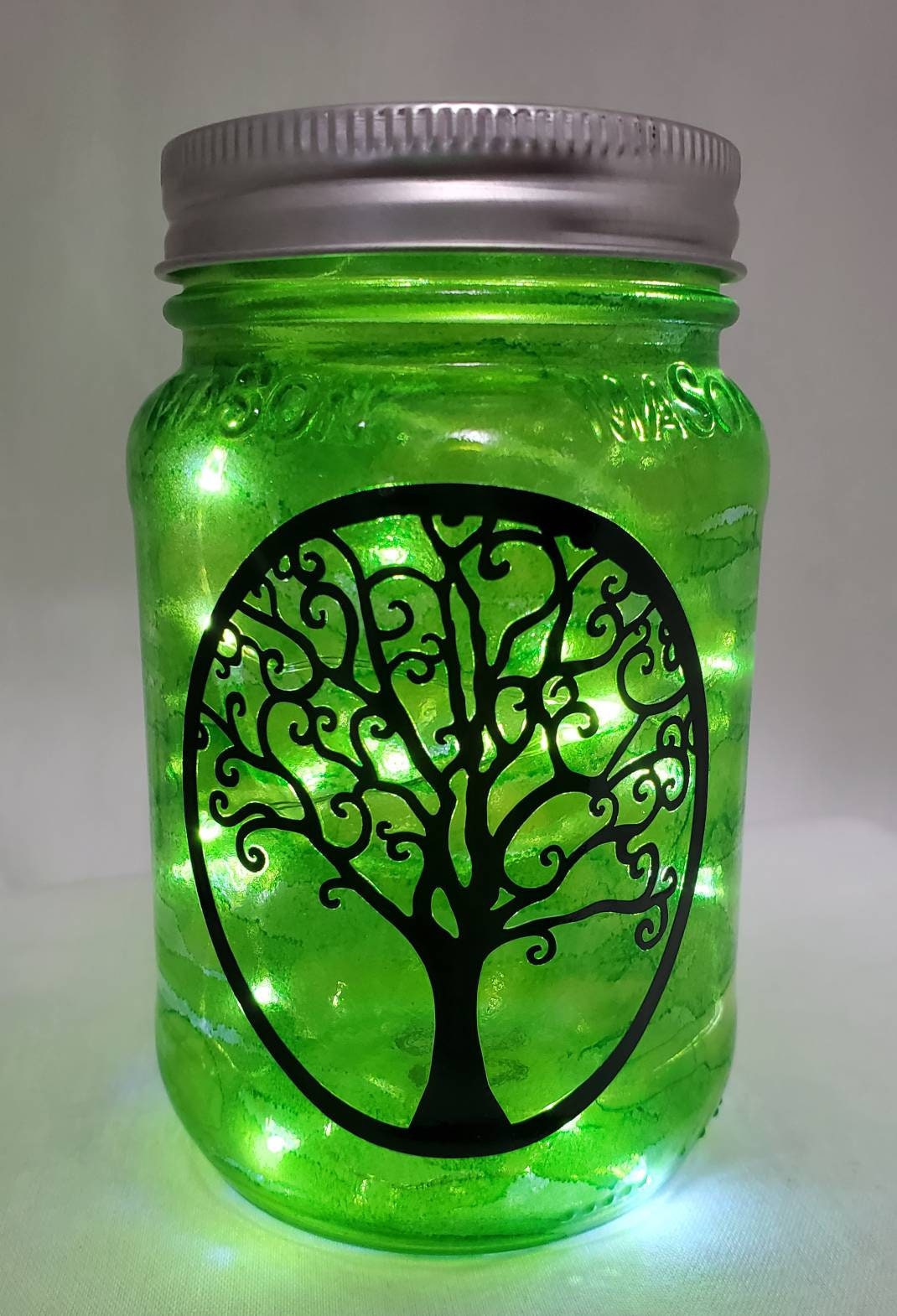 Hand Painted Green Tree of Life Mason Jar Upcycled Recycled Battery  Operated LED Fairy Lights Watercolor Stained Glass 