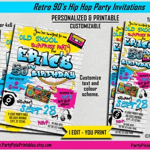 Retro Hip Hop 80's 90's Party Invitation - 5x7 4x6 Ticket Style - Personalized & Printable Customized Digital File