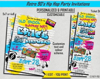 Retro Hip Hop 80's 90's Party Invitation - 5x7 4x6 Ticket Style - Personalized & Printable Customized Digital File