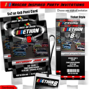 Nascar inspirierte Rennwagen-Geburtstagseinladungen - 5X7-Karte, Ticket-Stil, Boxenpass im Badge-Stil - druckbare und personalisierte digitale Dateien