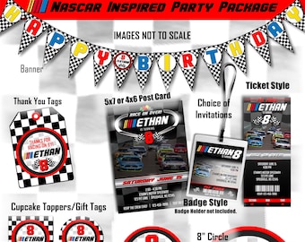 Nascar Inspired Race Car Party Package + Invitation - Printable and Personalized with party details. Pit Pass Badge Ticket Digital Images