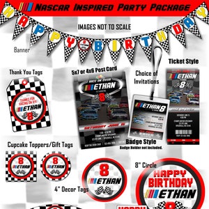 Nascar inspiriertes Rennwagen-Party-Paket + Einladung - druckbar und personalisiert mit Party-Details. Pit Pass Badge Ticket Digitale Bilder