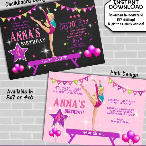 INSTANT DOWNLOAD - Gymnastics Party Invitation - DIY Editing - Printable and Personalized Digital Files