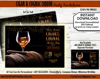 INSTANT DOWNLOAD Cigar and Cognac Party Invitation - DIY Personalized Printable 5x7 4x6 Pdf file - Bachelor Stag Adult Birthday Dinner Party