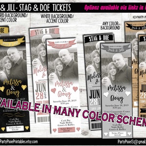 May include: Four printable ticket designs for a stag and doe party. The tickets feature a black and white photo of a couple, the text "Melissa & Doug", and the date "June 28, 2019". The tickets are available in three color schemes: black with gold accents, white with pink accents, and brown with white accents.